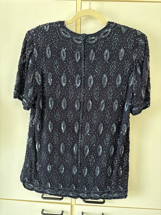 Frank Usher Navy Beaded Embroidered Top Heavy Luxe Blouse Event Quiet Luxury S - Picture 5 of 16